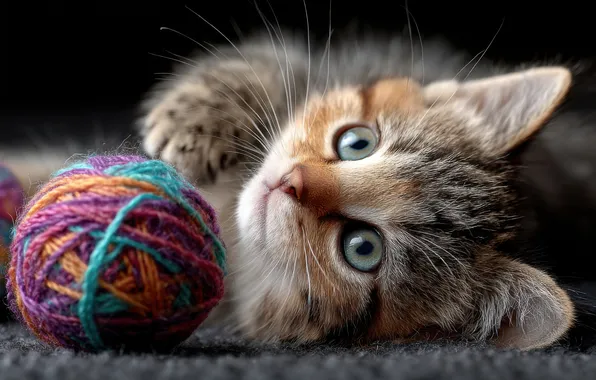 Кошка, взгляд, клубок, поза, темный фон, котенок, серый, игра