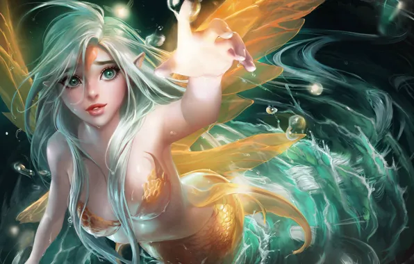 Girl, bubbles, fantasy, green eyes, anime, digital art, Mermaid, artwork