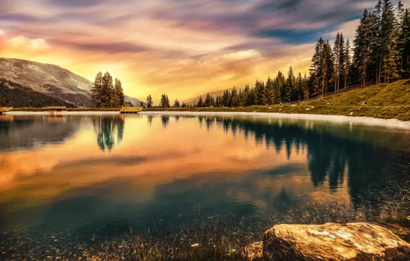 Картинка небо, озеро, отражение, обработка, Австрия, Mountain lake