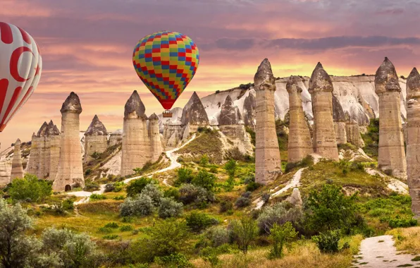 Пейзаж, закат, природа, воздушные шары, скалы, растительность, Турция, национальный парк