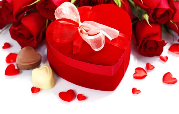 Подарок, сердце, шоколад, розы, букет, конфеты, love, heart