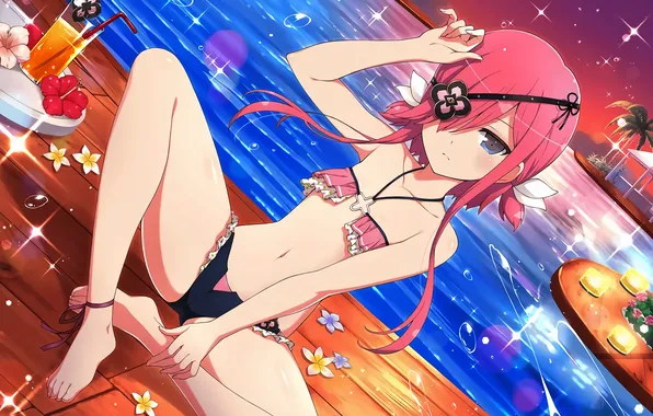 Girl, sexy, pool, red hair, legs, anime, night, flowers