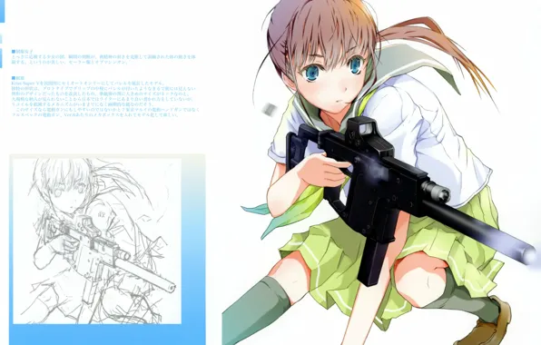 Пистолет, рисунок, белый фон, школьница, art, матроска, haruaki fuyuno, gun &amp; girl