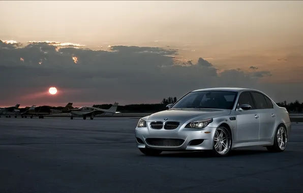Небо, облака, закат, бмв, серебристый, BMW, самолёты, silvery