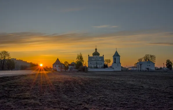 Пейзаж, город, рассвет, церковь, архитектура