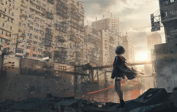 City, anime, fan art, anime art, anime style, homutan1, armed girl
