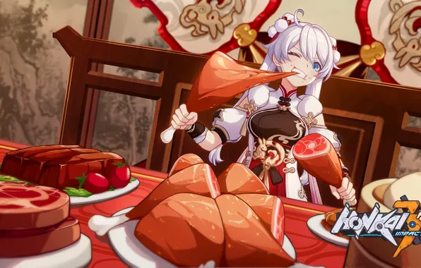 Девушка, мясо, Honkai Impact 3rd, Kiana Kaslana, рульки