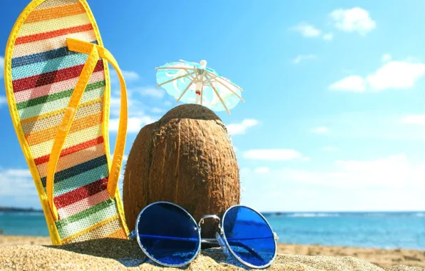 Картинка море, лето, зонтик, кокос, очки