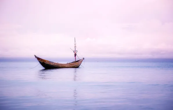 Туман, океан, лодка, утро, горизонт, дымка, ocean, бескрайность