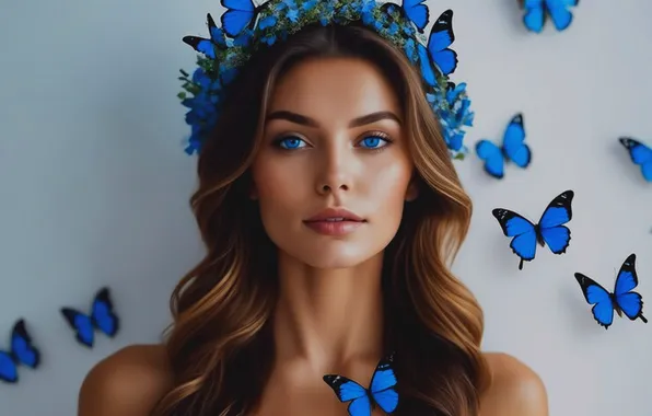 Девушка, бабочки, синие глаза, цифровое искусство, cгенерировано ИИ