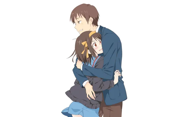 Девушка, фон, парень, обнимашки, The Melancholy of Haruhi Suzumiya