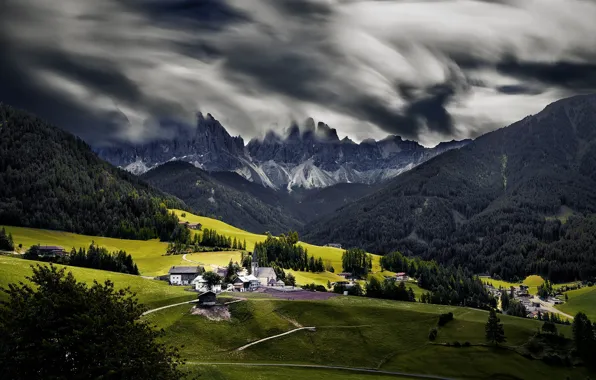 Горы, природа, домики, Dolomites Italie