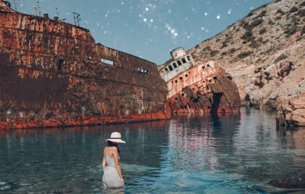 Картинка море, девушка, ситуация, Греция, кораблекрушение, Greece, Эгейское море, Aegean Sea