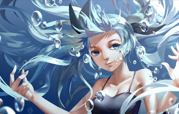 Картинка девушка, пузырьки, арт, vocaloid, hatsune miku, под водой, хвостики, lightofheaven