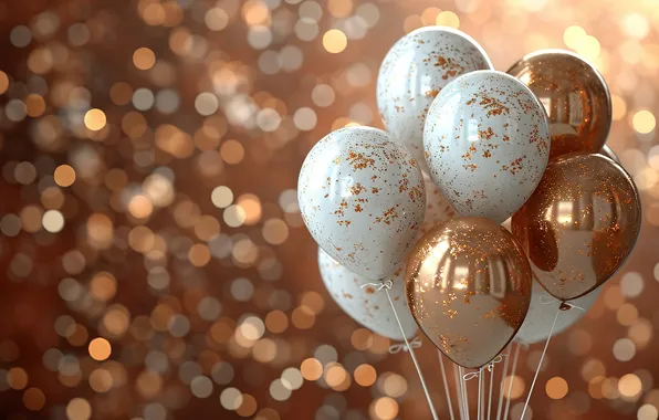 Картинка воздушные шары, фон, день рождения, golden, Happy Birthday, background, bokeh, balloons