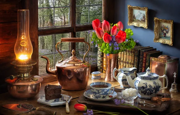 Картинка цветы, стиль, чай, книги, лампа, букет, чайник, окно