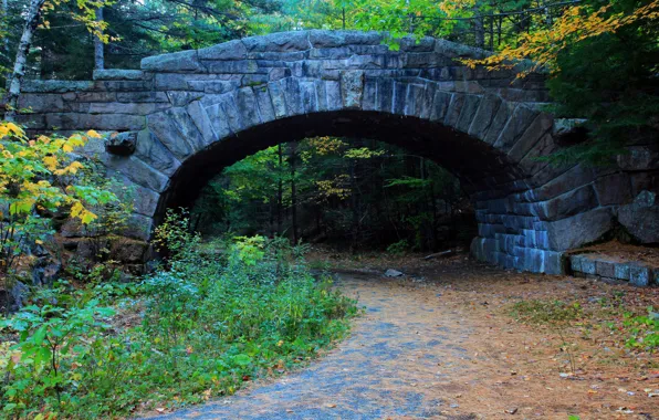 Картинка дорога, осень, листья, пейзаж, мост, камень, опора, мостик