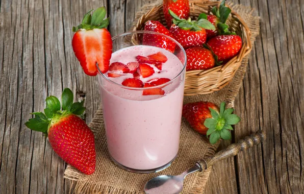 Стакан, завтрак, молоко, клубника, strawberry, йогурт, yogurt