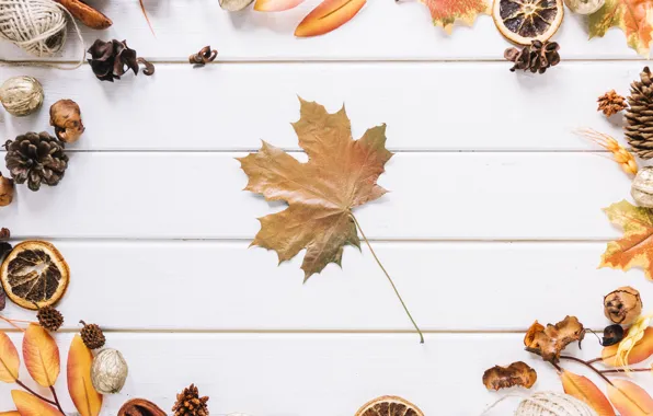 Картинка осень, листья, фон, дерево, доски, шишки, wood, background