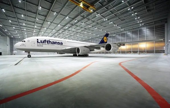 Картинка Самолет, Лайнер, Аэропорт, Ангар, A380, Освещение, Lufthansa, Пассажирский