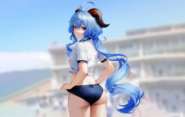 Girl, sexy, ass, shorts, horns, long hair, anime, beautiful