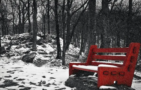 Картинка снег, парк, скамья