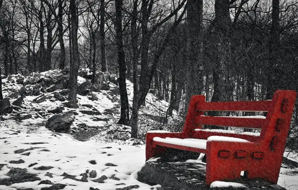 Снег, парк, скамья