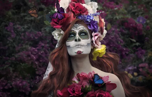 Картинка девушка, бабочки, цветы, лицо, раскрас, dia de los muertos, день мёртвых