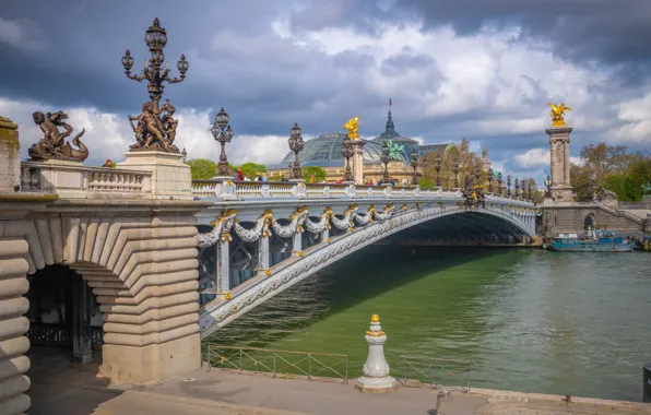 Мост, река, Франция, Париж, Pont Alexandre III, Seine River
