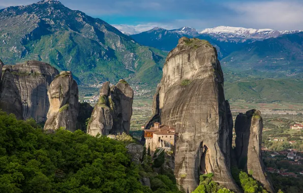 Картинка горы, скалы, Греция, долина, монастырь, Метеоры