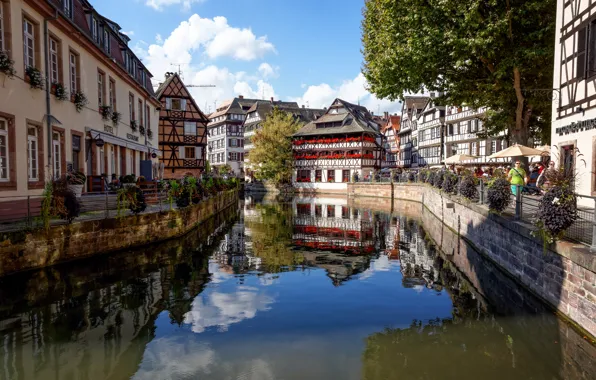 Картинка небо, деревья, Франция, дома, канал, Страсбург
