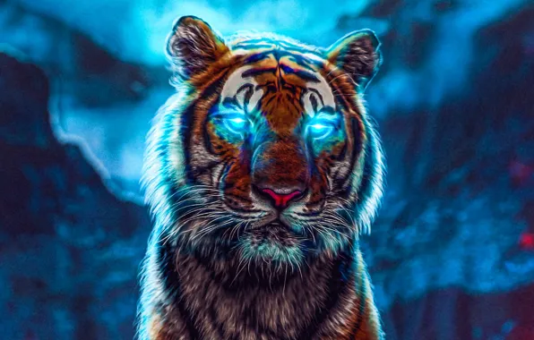 Картинка tiger, blue eyes, creative, darkness, predators, Abstract Tiger, tiger at night