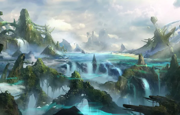 Картинка горы, птицы, река, скалы, заросли, водопад, арт, фантастический мир