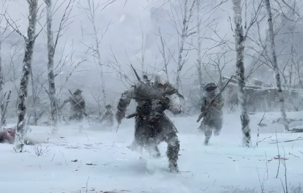 Зима, лес, деревья, солдаты, ассасин, Радунхагейду, Кредо Убийцы 3, Assassin’s Creed III