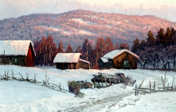 Картинка зима, лес, пейзаж, холмы, картина, деревня, домики, роща
