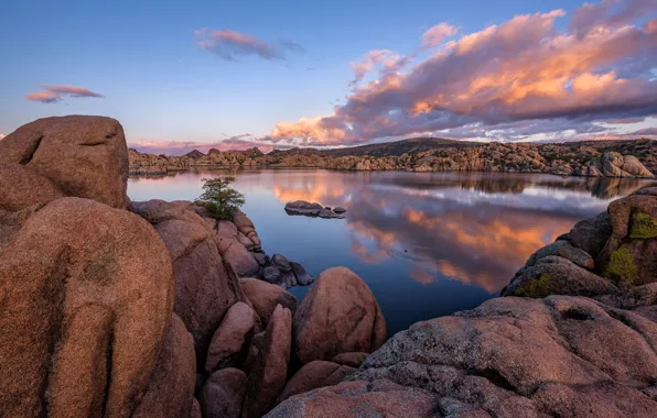 Облака, озеро, отражение, камни, скалы, Аризона, США, Arizona