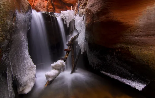 Картинка лед, сосульки, лестница, пещера, Utah, USА, Kanarraville