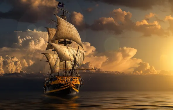 Картинка море, облака, корабль, парусник