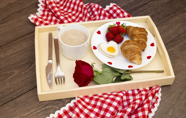 Ягоды, роза, кофе, клубника, romantic, круассаны, Breakfast