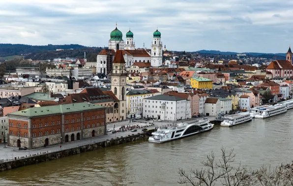 Река, Германия, Бавария, панорама, Дунай, Пассау, Собор Святого Штефана