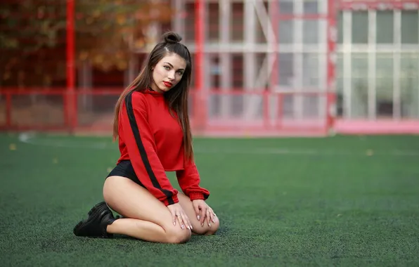 Картинка девушка, ass, model, brunette, kneeling, sneakers, red lipstick, sportswear