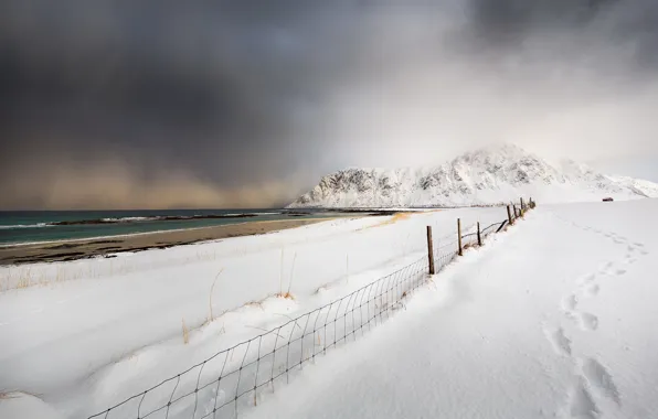 Картинка зима, море, снег, берег, забор