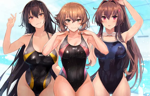 Girl, sexy, wet, cleavage, long hair, brown hair, boobs, anime