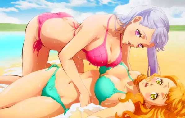 Sexy, cleavage, beach, long hair, sea, girls, boobs, anime