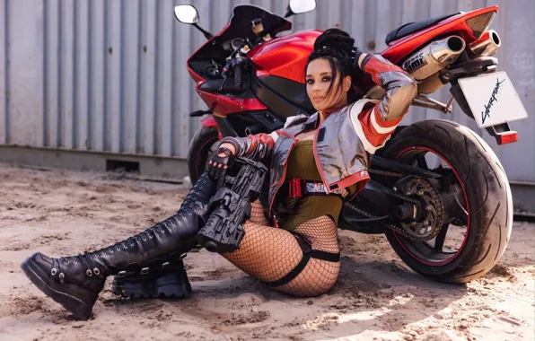 Картинка model, women, cosplay, brunette, Cyberpunk 2077, fishnet pantyhose, Panam Palmer, Anna Shakhovskaya