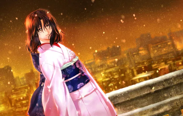 Картинка девушка, снег, город, кимоно, Kara no Kyoukai, сад грешников, Ryougi Shiki