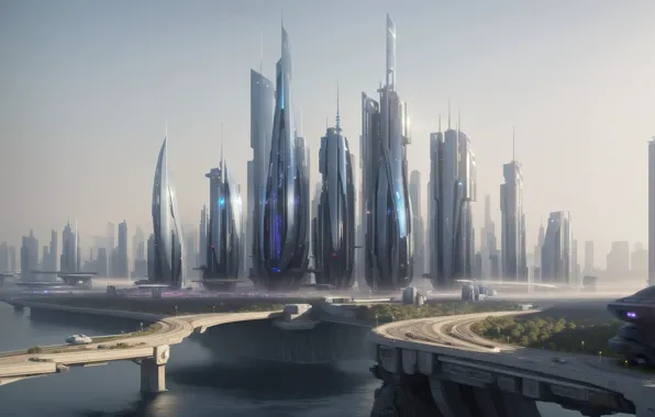 City, future, river, landscape, art, fantastic, digital art, Futuristic