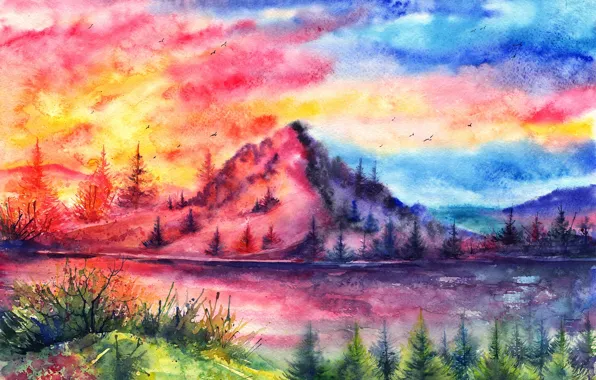 Картинка закат, птицы, река, гора, акварель, ёлки, нарисованный пейзаж