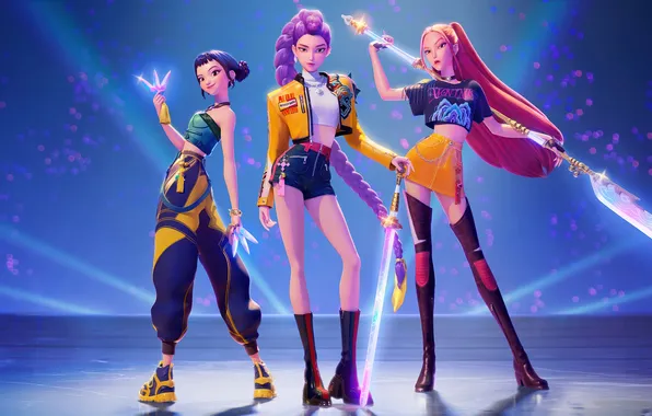 Redhead, standing, purple hair, women trio