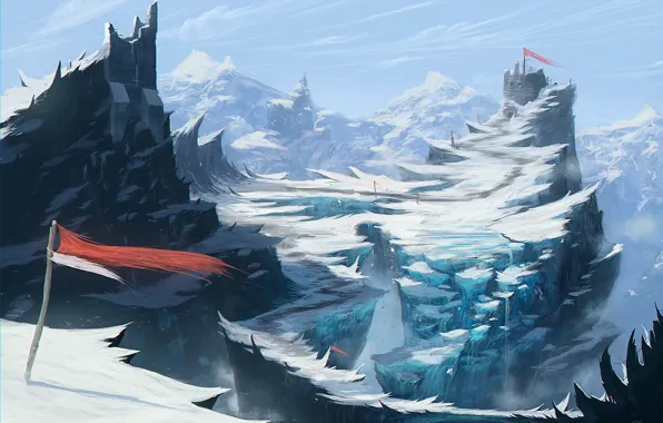 Картинка холод, снег, горы, обрыв, скалы, ветер, арт, форт